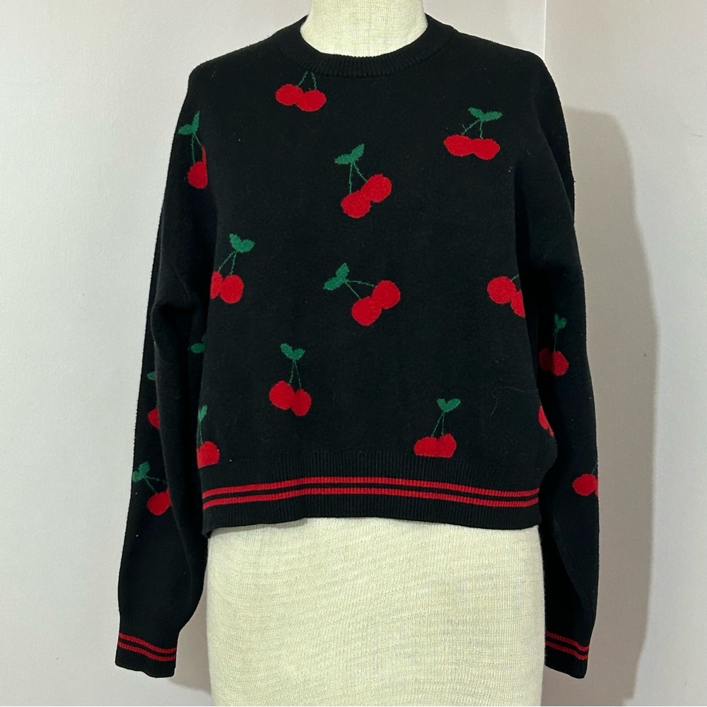 Orange Kiss Allover Print Cherries Sweater L